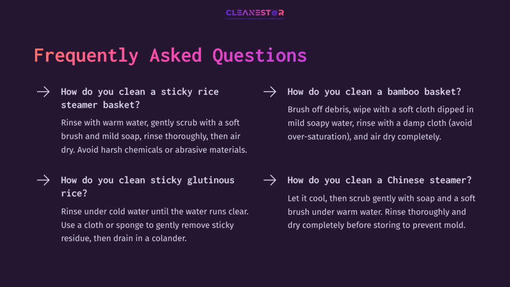 Q&Amp;A Layout On Cleaning Rice Baskets And Sticky Rice, Featuring Purple Background With White Text And Arrows For Clarity.
