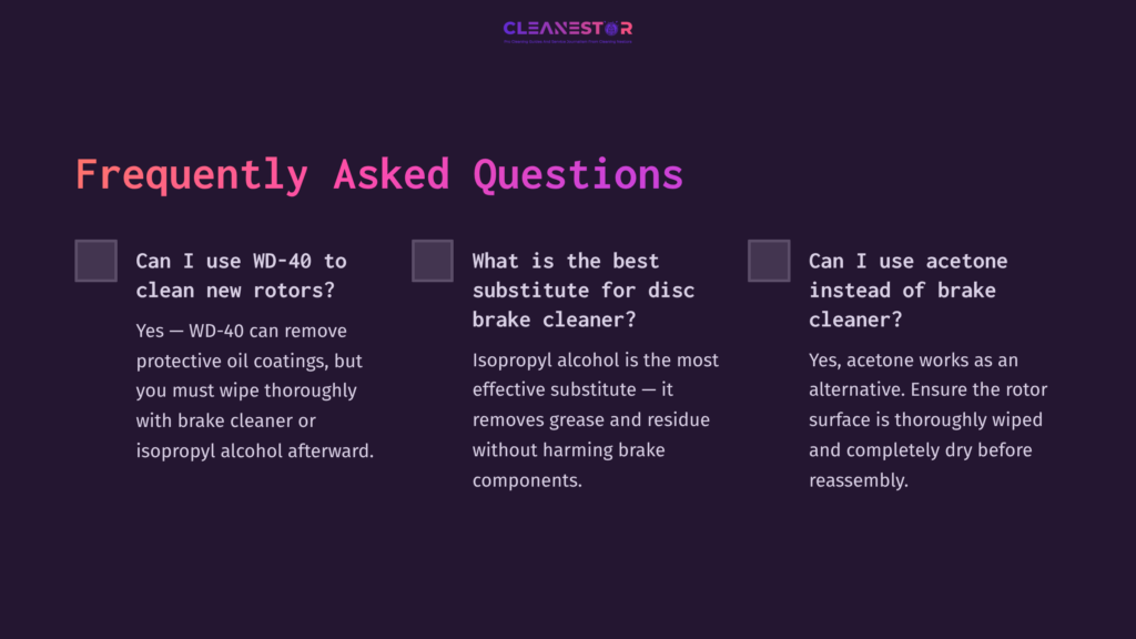 Visual Guide Featuring Faqs With Bold White Text On A Dark Purple Background, Addressing Rotor Cleaning Methods And Alternatives.