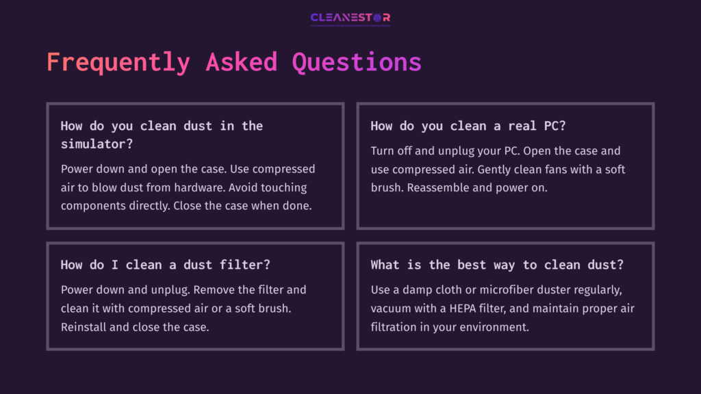 Four Question-And-Answer Boxes On A Dark Background, Featuring White And Pink Text, Discussing Methods For Cleaning Dust From Pcs And Filters.