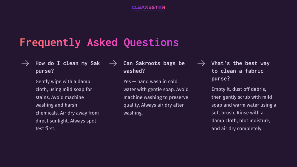 Purple Background With White Text Outlining Faqs About Cleaning Sak Purses. Key Points Include Hand Washing, Using Mild Soap, And Drying Methods.