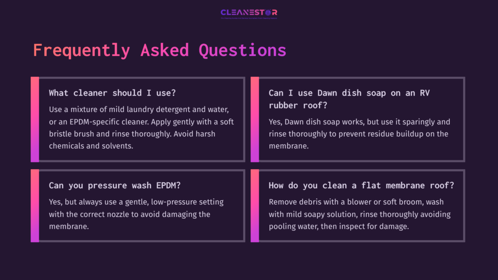 8 Frequently Asked Questions 5 Text-Based Faq Section On Cleaning Epdm Roofs With Questions About Cleaning Products And Methods, Featuring A Bold Purple And Pink Layout.