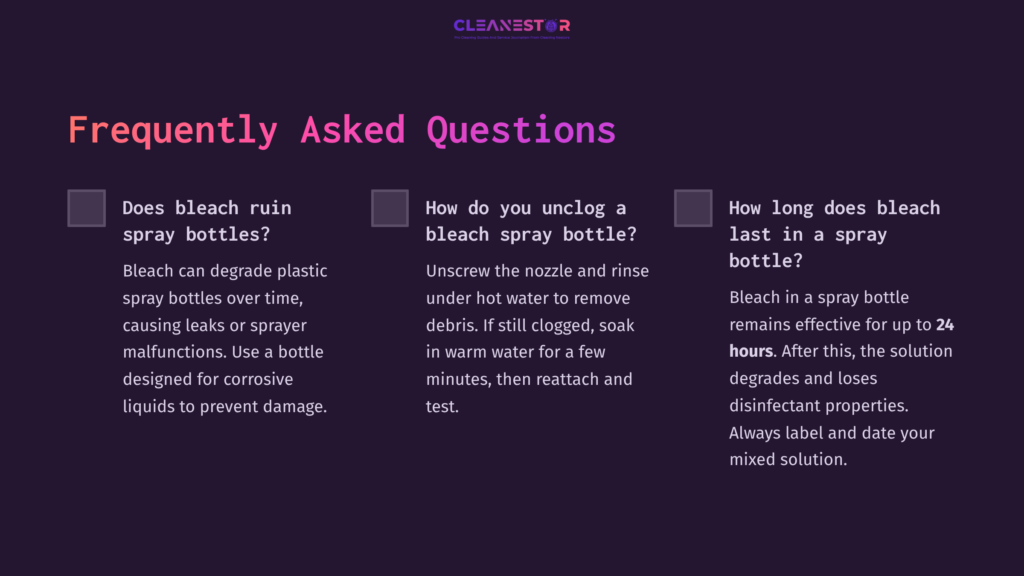 Text On A Dark Purple Background With Three Faqs About Cleaning Bleach From Spray Bottles, Including Instructions And Tips.