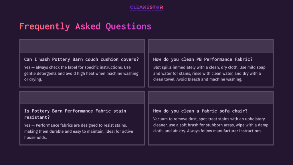 Four Text Boxes Outlining Faqs About Cleaning Pottery Barn Upholstery, Featuring A Dark Background With White And Purple Text.
