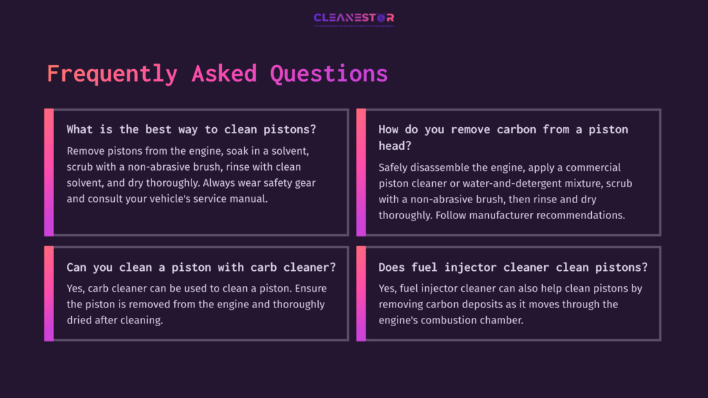 Graphic Featuring A Faq Layout On Cleaning Piston Heads, With A Dark Background And Colorful Text Boxes. Key Topics Cover Cleaning Methods And Safety.