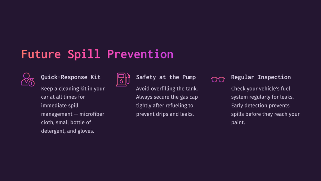 Graphic With Purple Text On A Dark Background Outlining Spill Prevention Tips, Including A Cleaning Kit, Safety At The Pump, And Regular Inspections.