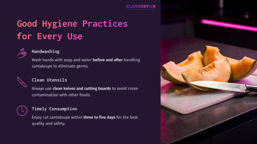 A Partially Sliced Cantaloupe On A Cutting Board, With A Knife Beside It, Set Against A Dark Background With Purple Lighting.
