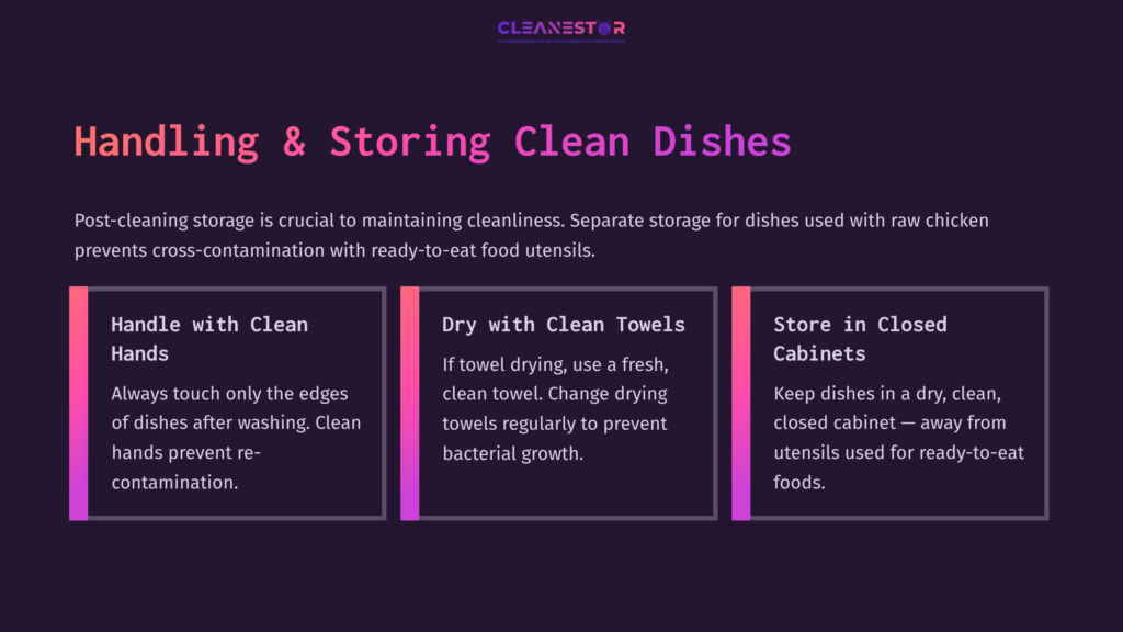 Text On A Dark Purple Background With White And Pink Sections. Tips On Handling, Drying, And Storing Dishes To Prevent Contamination.