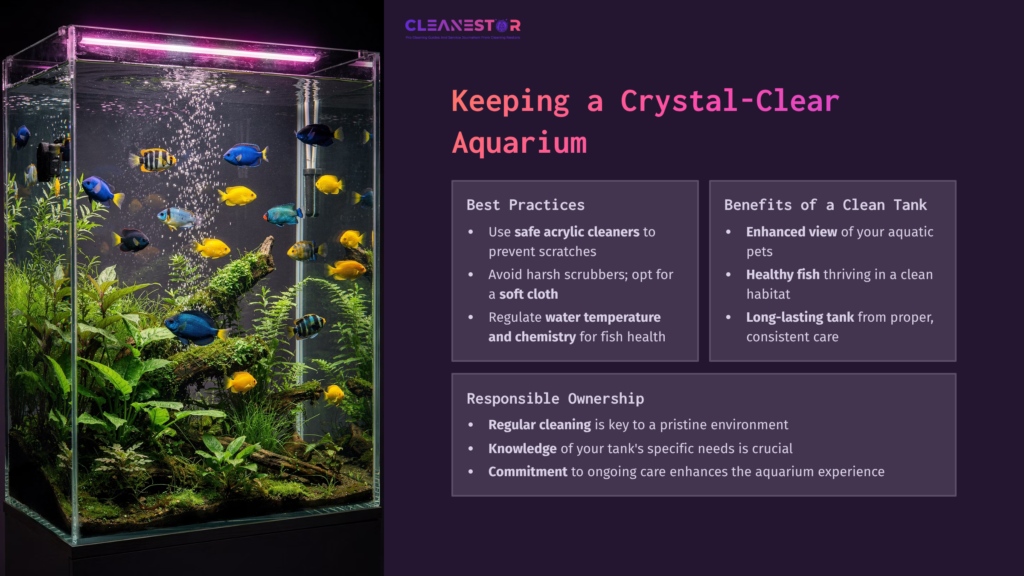 A Vibrant Acrylic Aquarium Filled With Colorful Fish, Aquatic Plants, And A Glowing Light, Accompanied By Cleaning Tips And Best Practices.