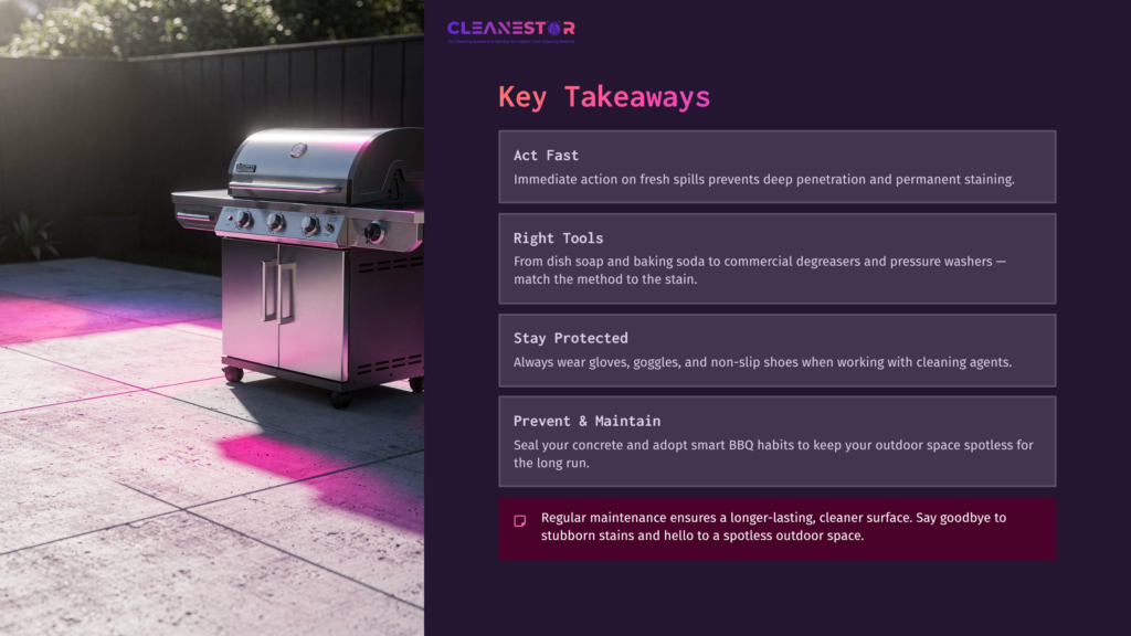 A Clean Stainless Steel Bbq Grill Under A Pinkish-Purple Sunset, With Text Boxes Outlining Key Maintenance Tips For Outdoor Cleaning.