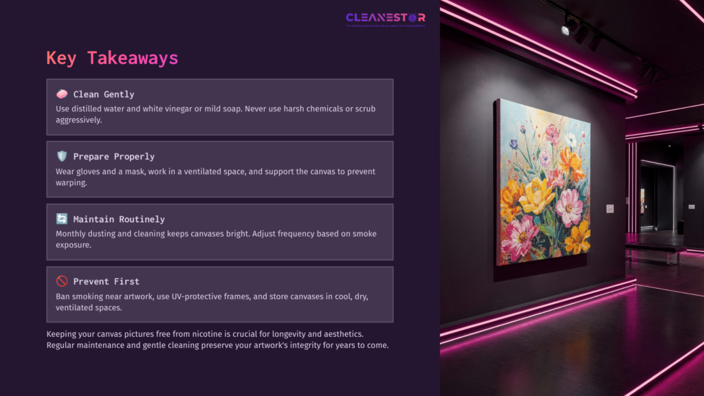 Canvas Artwork Featuring Colorful Flowers Hangs On A Wall Illuminated By Pink Neon Lights, Accompanied By Cleaning Tips In A Purple Box.