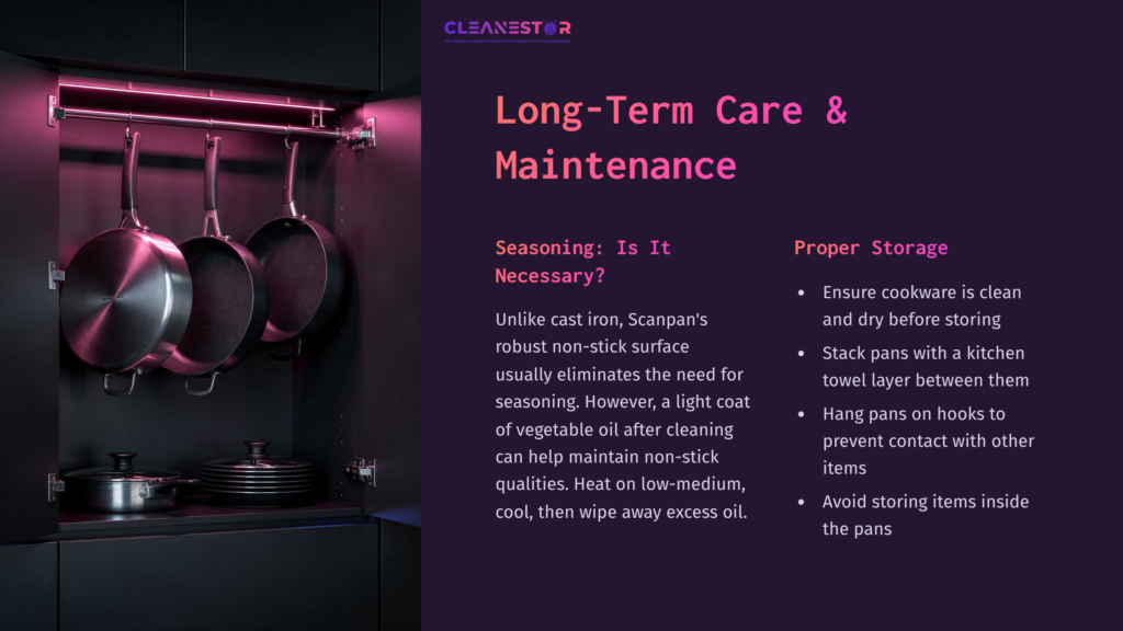 Two Hanging Scanpan Cookware Pieces On A Rack, With Pink Lighting. Text Discusses Maintenance, Storage Tips, And Seasoning For Cookware.