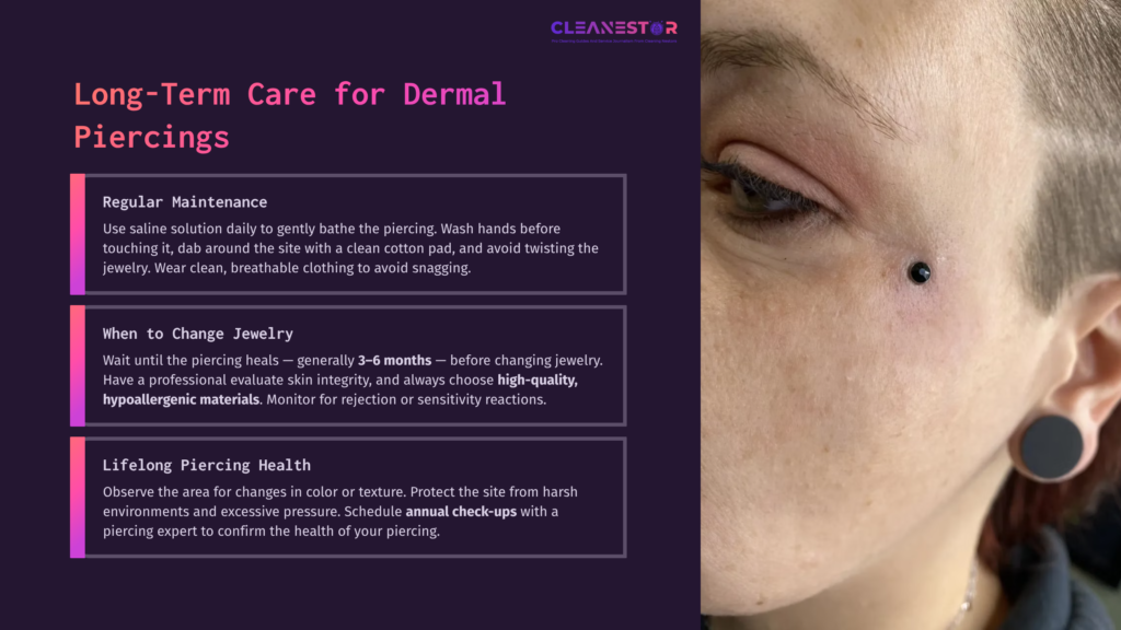 Close-Up Of A Person'S Ear With A Dermal Piercing, Surrounded By Text Outlining Care Tips, Featuring A Dark Purple Background.
