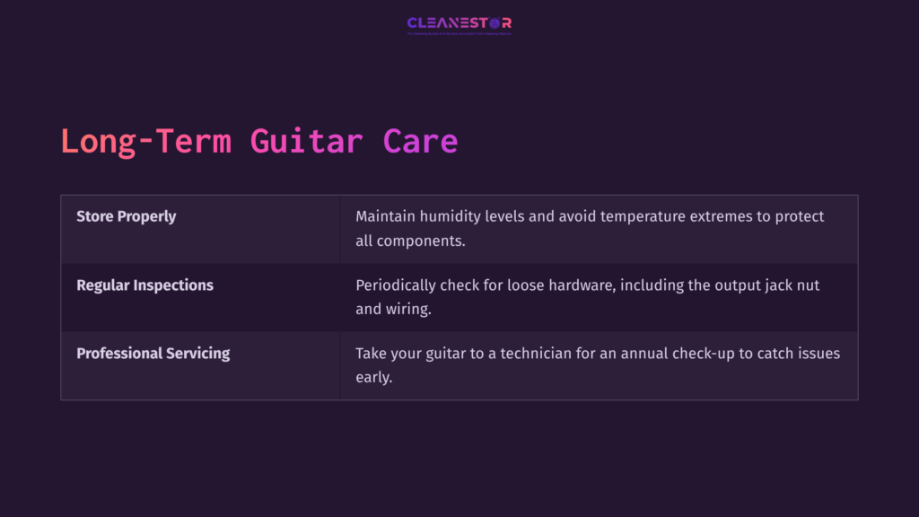 Text Table With Purple Background Outlining Long-Term Guitar Care Tips: Storing Properly, Regular Inspections, And Professional Servicing.