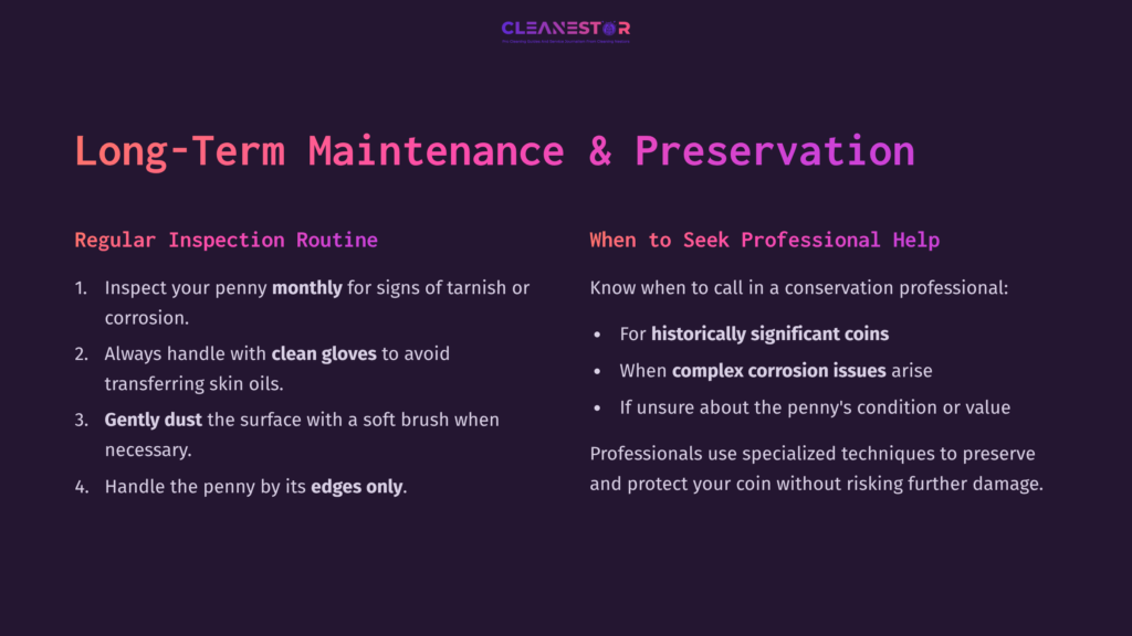 Text On A Dark Purple Background Details Copper Penny Maintenance And Preservation Tips, With Emphasis On Inspection And Conservation.