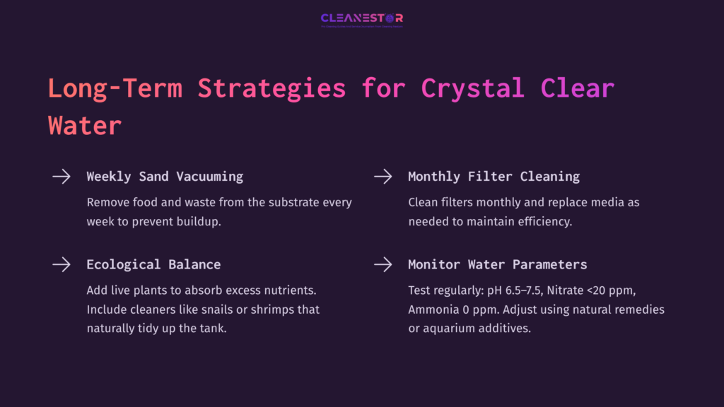 Text-Heavy Infographic Outlining Strategies For Maintaining Clear Aquarium Water, Featuring Headings In Bold Pink And White Text On A Dark Background.
