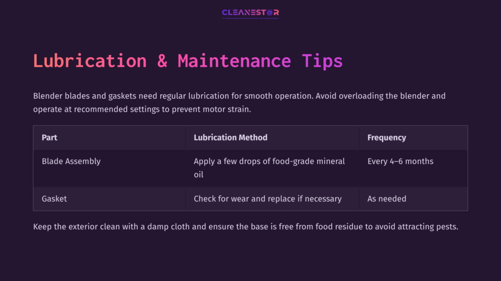 Lubrication And Maintenance Tips For A Cuisinart Blender, Highlighting Blade Assembly And Gasket With Recommended Methods And Frequency.