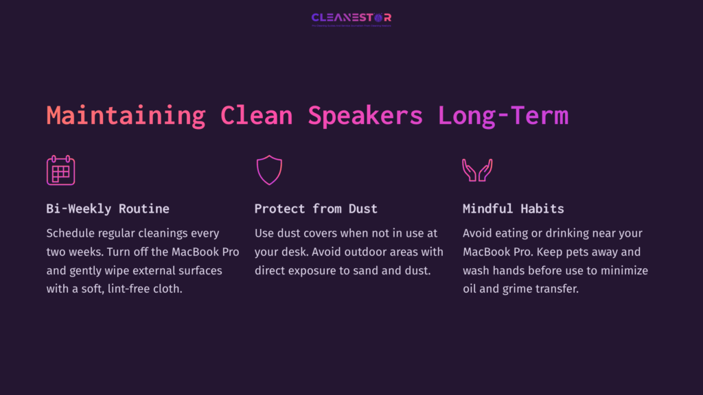 Text-Based Graphic Featuring A Dark Purple Background With White And Pink Headings That Outline Tips For Maintaining Clean Macbook Pro Speakers.