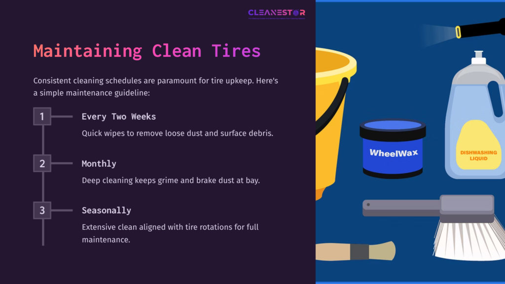 A Cleaning Setup With A Yellow Bucket, Blue Tire Cleaner Can, And A Cleaning Tool, Accompanied By A Guide On Tire Maintenance.