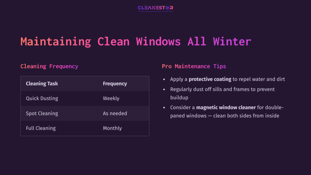 Text On A Dark Background Outlines Winter Window Cleaning Tips, Including Tasks, Frequency, And Pro Maintenance Advice In White And Pink Fonts.