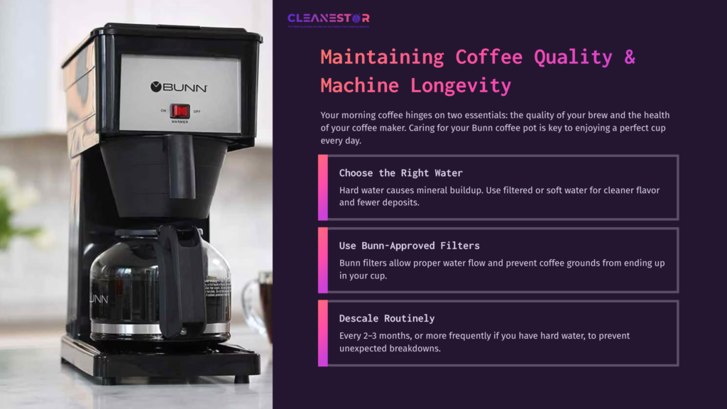 Bunn Coffee Maker With A Glass Carafe On A Kitchen Countertop, Featuring A Black And Silver Design, Paired With Text On Coffee Maintenance.