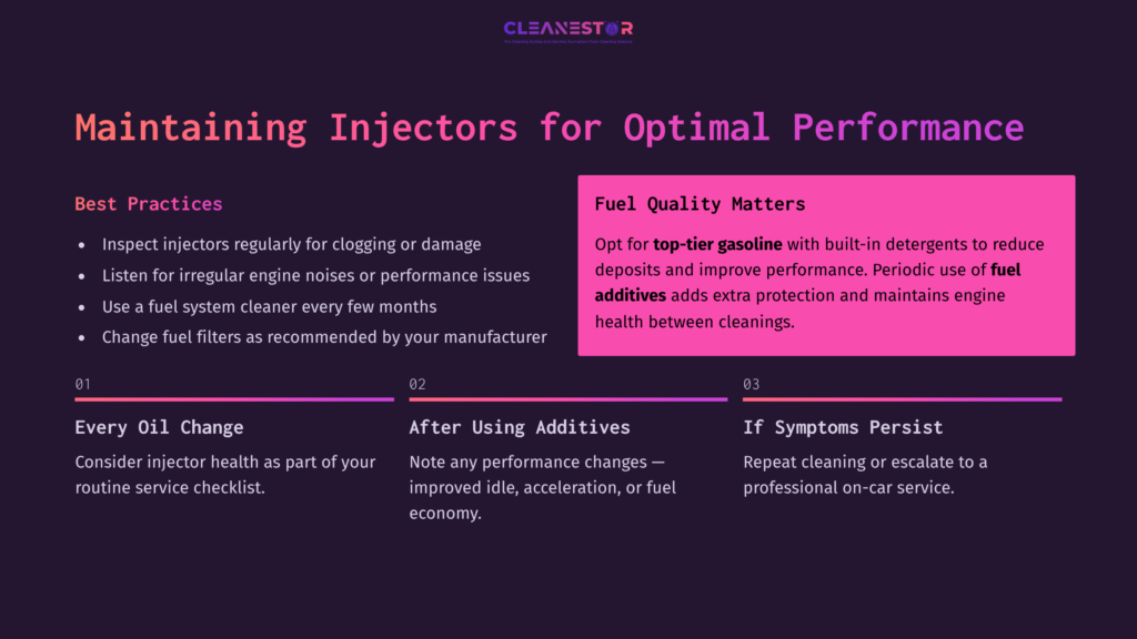 A Visual Guide Outlining Injector Maintenance Tips, Featuring Dark Background, Pink Highlighted Section, And White Text For Clarity.
