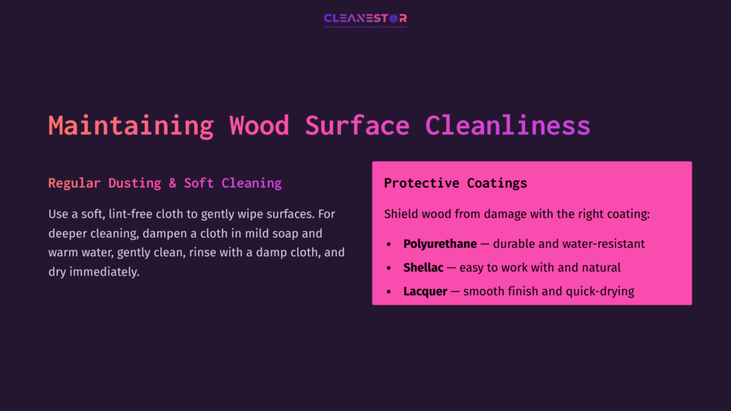 Text On A Dark Purple Background Emphasizes Wood Cleaning Tips, Featuring Bright Headers And Descriptions Highlighting Protective Coatings.
