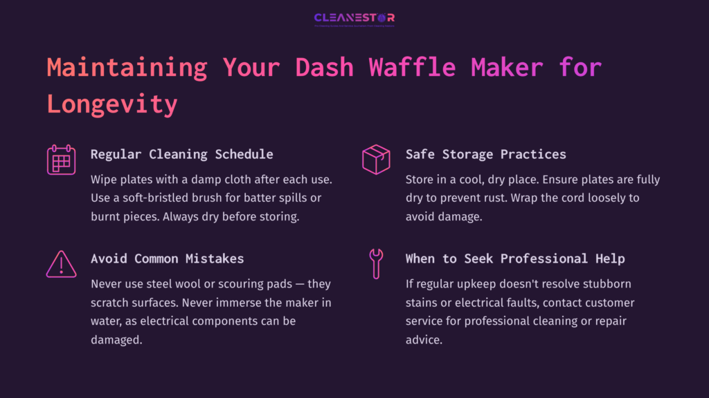 Pink And Purple Infographic Detailing Maintenance Tips For A Dash Waffle Maker, With Headings And Bullet Points For Cleanliness And Storage.
