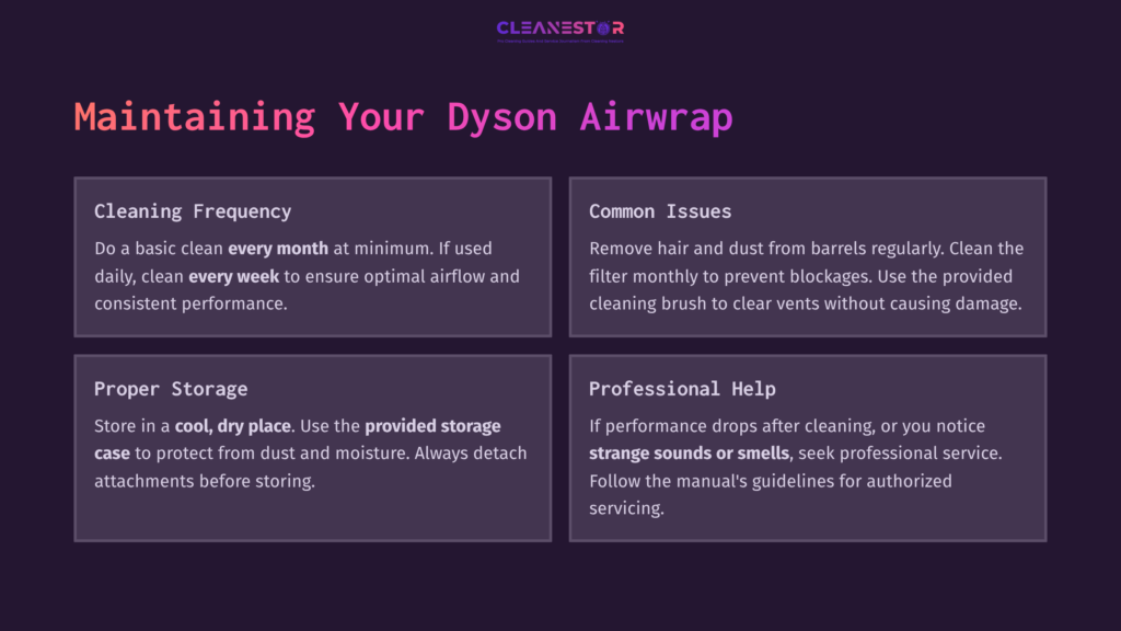 8 Maintaining Your Dyson Airwrap Colorful Infographic Featuring Four Sections: Cleaning Frequency, Common Issues, Proper Storage, And Professional Help, With Helpful Tips.