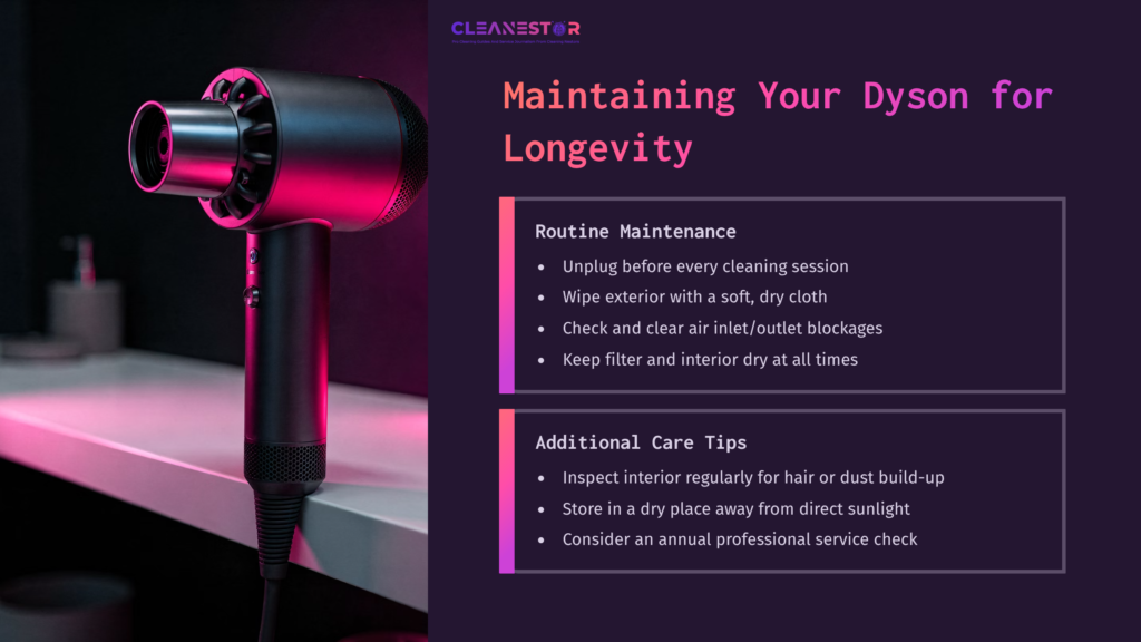 Dyson Hair Dryer On A Countertop, With Text About Maintenance Tips And Care To Ensure Longevity, Featuring A Dark Background And Pink Accents.