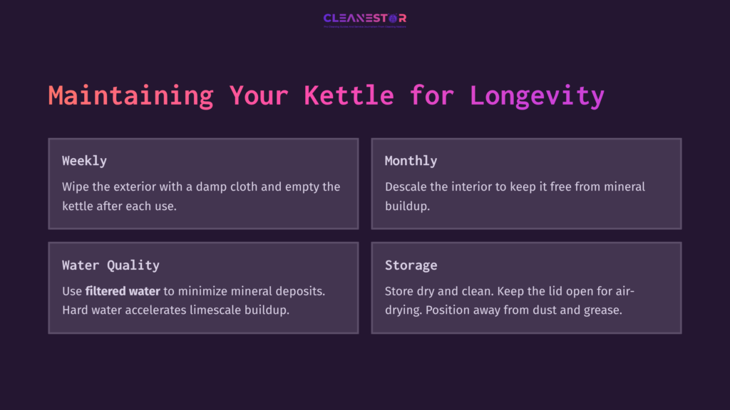 Text On A Dark Background Outlines Maintenance Tips For A Secura Electric Kettle, Including Weekly Cleaning, Monthly Descaling, Water Quality, And Storage.