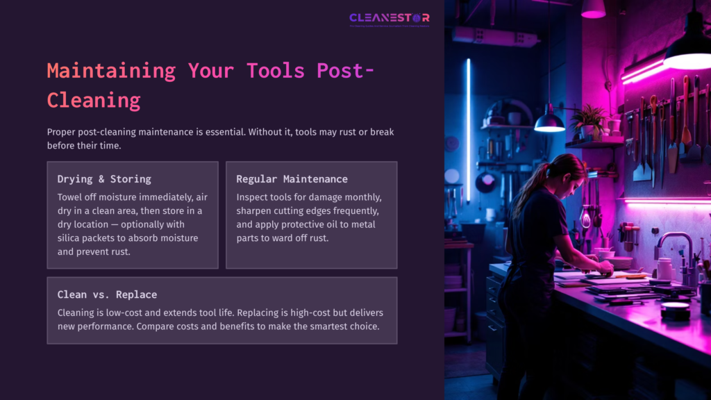 Graphic Featuring Tips On Maintaining Tools Post-Cleaning, With Sections On Drying, Storing, And Regular Maintenance Against A Purple Background.