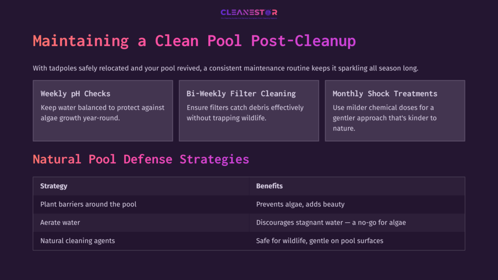 8 Maintaining A Clean Pool Post Cleanup Purple Background With White And Teal Text Outlining Pool Maintenance Tips, Including Strategies For Cleaning And Natural Defenses.