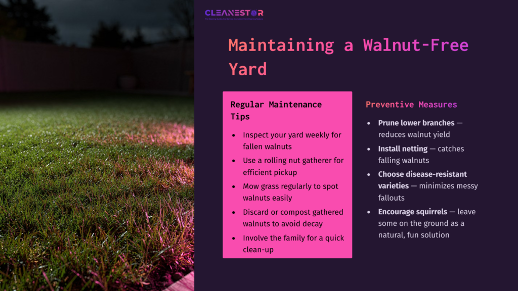 A Grassy Yard At Dusk, Featuring Tips For Maintaining A Walnut-Free Space, With A List Of Preventive Measures On One Side.
