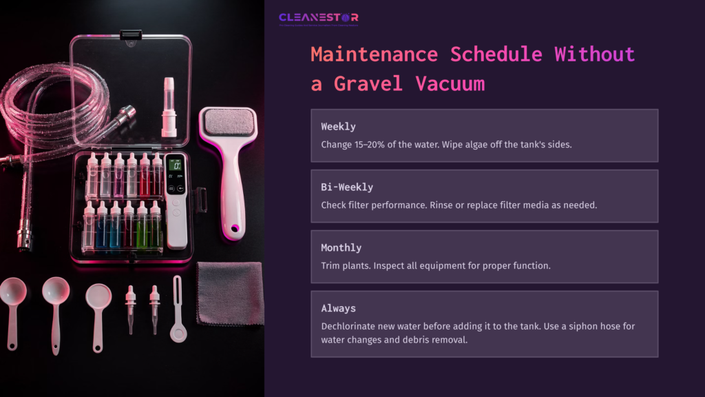 Graphic With A Dark Background Featuring A Cleaning Schedule For Fish Tanks, Tools Like Test Kits, And A Siphon For Maintenance Tasks.