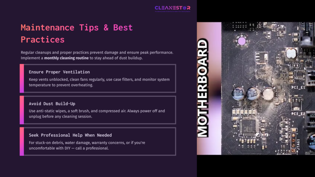 Close-Up Of A Black Motherboard With Various Components, Highlighting Areas For Cleaning, Alongside Maintenance Tips In Purple Text.