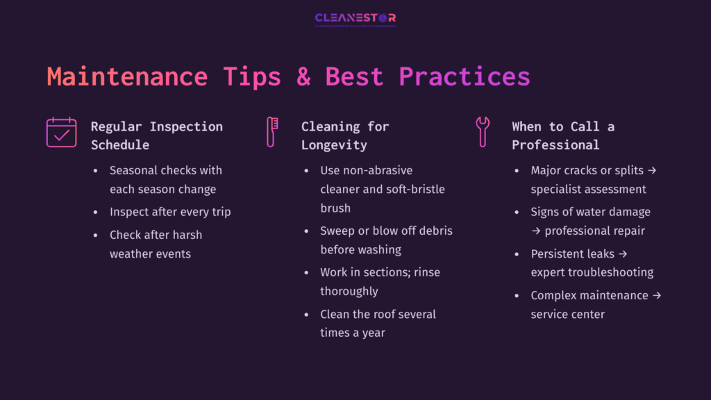 Maintenance Tips And Best Practices For Rv Roof Care, Featuring Text In Bold Colors On A Dark Background, Organized Into Clear Sections.