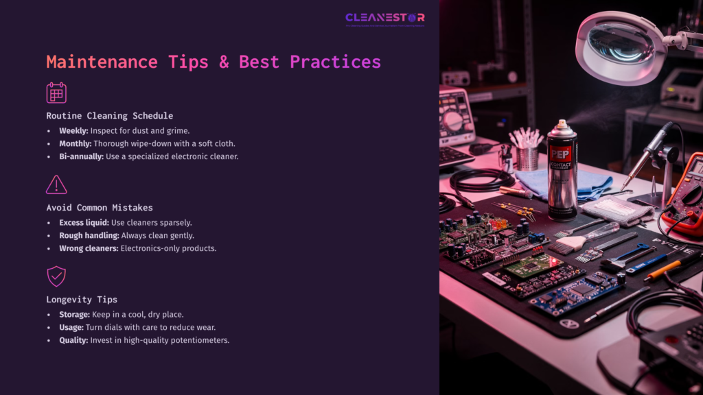 Workshop Scene With A Cluttered Table Featuring Circuit Boards, Tools, And Cleaning Supplies, Highlighted By Purple Background And Text.