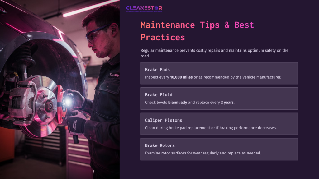 A Mechanic In Safety Glasses Works On A Brake Caliper With Highlighted Maintenance Tips For Brake Components In The Background.
