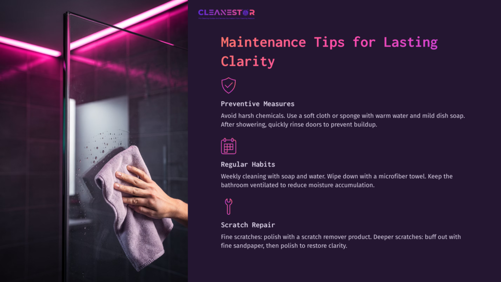 Hand Cleaning A Plexiglass Shower Door With A Microfiber Towel, Next To A Glass Divider, With Bright Pink Led Lighting In The Background.