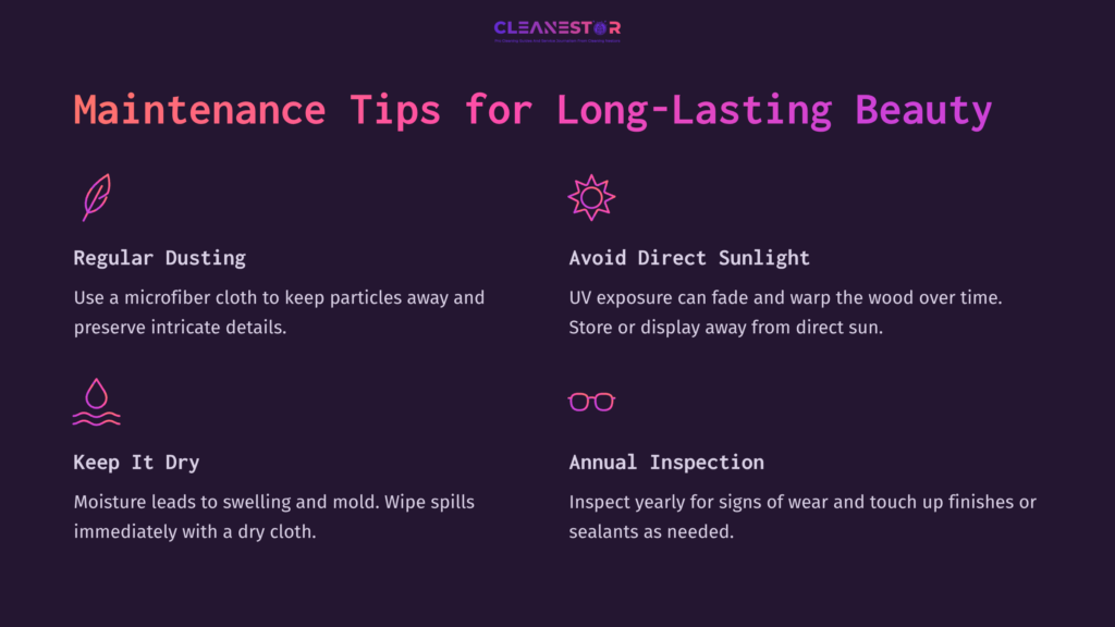 Tips For Maintaining Laser-Cut Wood: Includes Advice On Dusting, Sunlight Exposure, Drying, And Annual Inspections With A Dark Background.