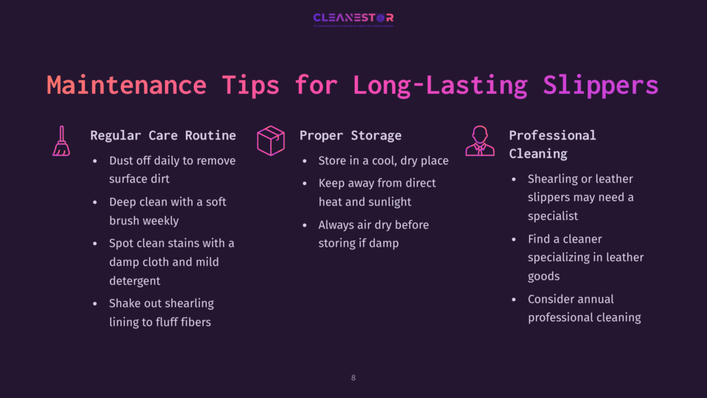 Dark Purple Background With Text Outlining Maintenance Tips For Slippers, Including Care Routine, Storage Advice, And Professional Cleaning.