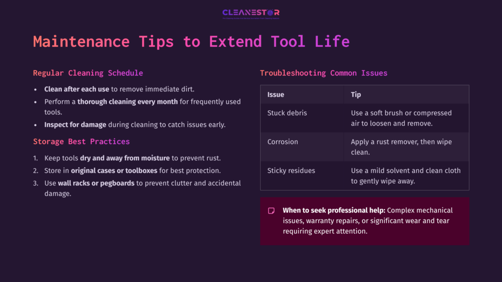 Graphic With Maintenance Tips For Tools, Featuring A Dark Background, White And Purple Text Detailing Cleaning Schedules And Best Practices.