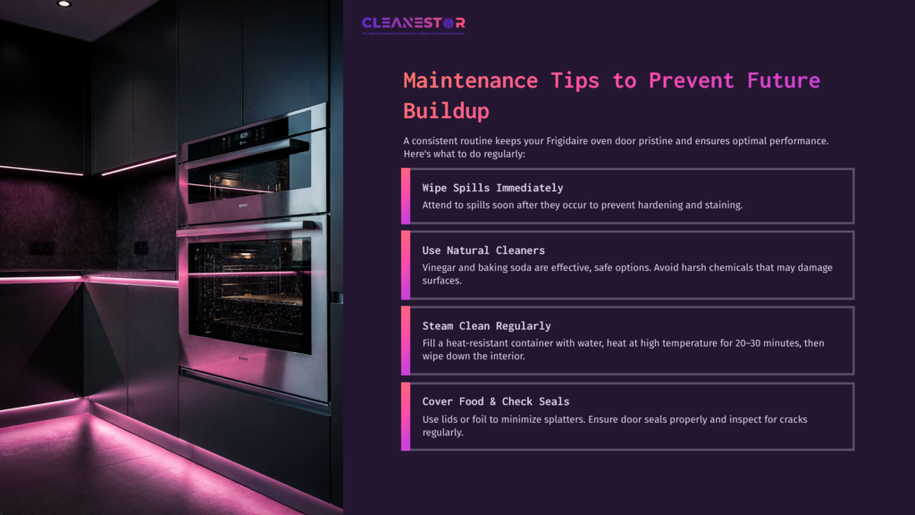 A Sleek Black Oven With A Double Glass Door And Pink Lighting, Featuring Cleaning Tips On A Purple Background With Bold White Text.