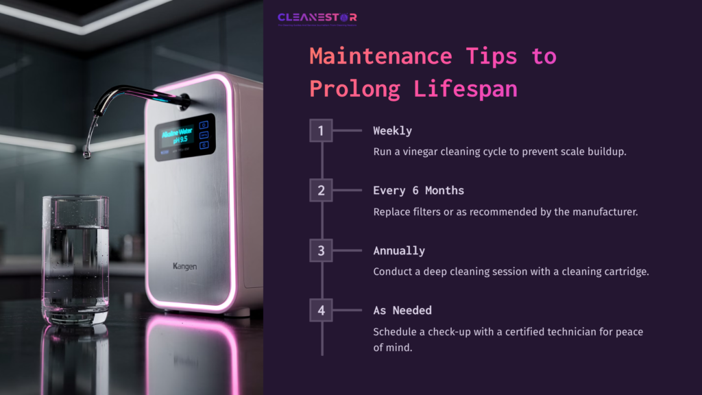 Kangen Water Machine With A Pink Glow, Next To A Glass Of Water. Maintenance Tips Listed For Prolonging Lifespan On The Left.