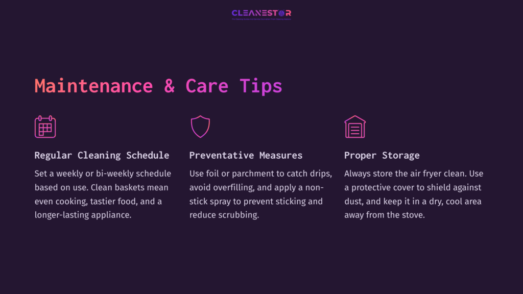 Text On A Dark Purple Background Discussing Maintenance Tips For A Breville Air Fryer, Including Cleaning Schedule, Preventive Measures, And Storage Advice.