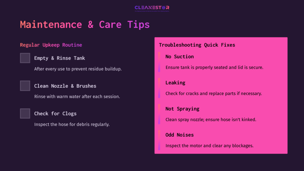 Maintenance Tips For Bissell Spot Clean Pro, Featuring A Purple Background, Lists Troubleshooting Advice In Bright Pink Text.