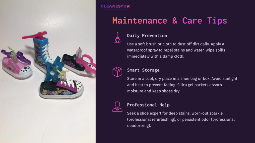 Colorful Twinkle Toes Shoes On A Surface, With Maintenance Tips Text Highlighting Cleaning And Care Instructions In Vibrant Fonts.