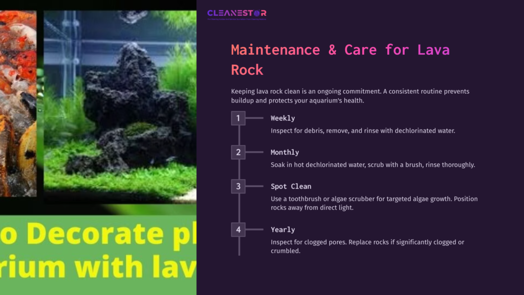 Lava Rock Aquascape With Vibrant Green Plants, Accompanied By A Care Guide Detailing Cleaning Frequencies In A Modern Layout.