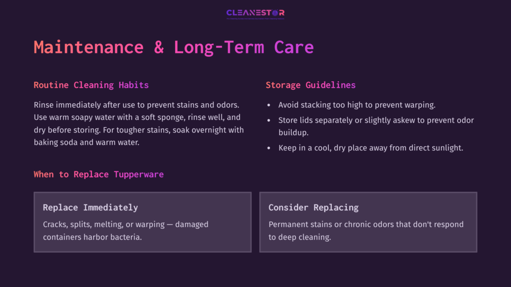 Text In White And Purple On A Dark Background, Detailing Maintenance Tips For Tupperware, With Sections For 'Routine Cleaning Habits' And 'Storage Guidelines.'