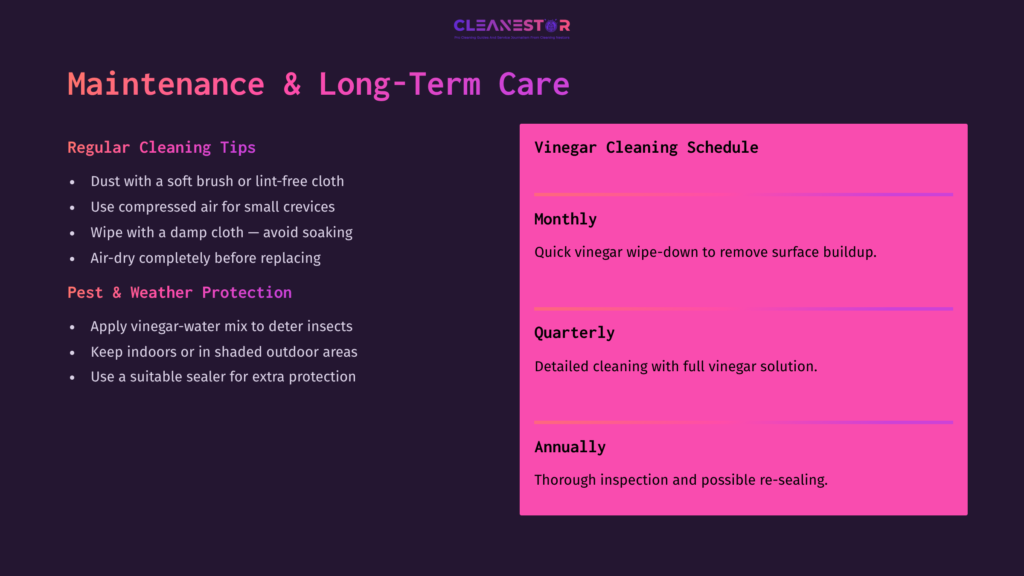 A Colorful Infographic On Maintenance Tips, Featuring A Dark Background With Pink Boxes Listing Vinegar Cleaning Schedules And Pest Protection Advice.